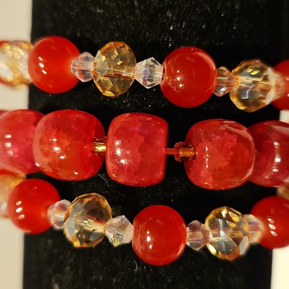 3 Red & Goldtone Butterfly Glass & Crystal Beaded Stretch Bracelet Set